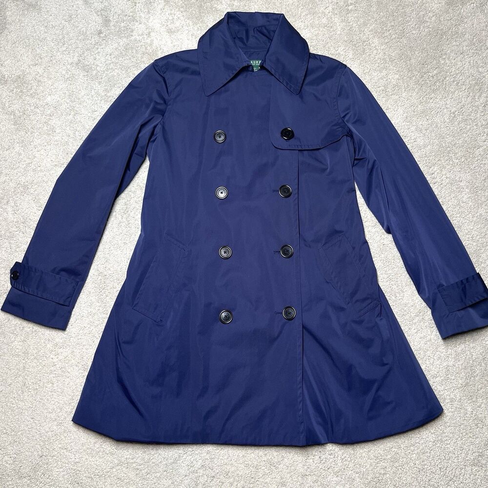 Ralph Lauren Blue Trench Coat Womens Medium Double Breasted Lined Preppy Coastal